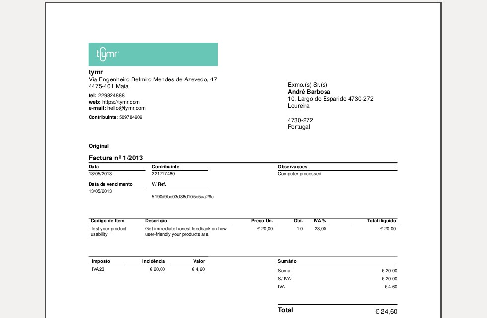 TYMR Invoice